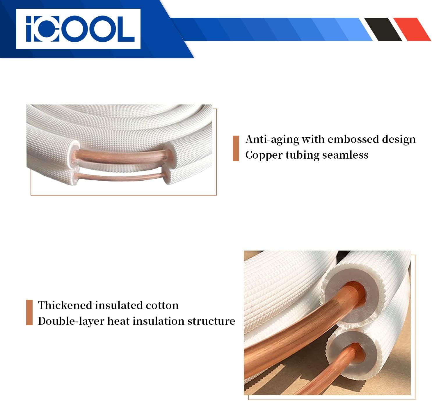 ICOOL 25 Ft. Mini Split Line Set 1/4 1/2 O.D. & 3/8 PE Thickened Insulated Coil Copper Pipes for Air Conditioner HVAC Refrigeration and Heating Equipment, with Fittings